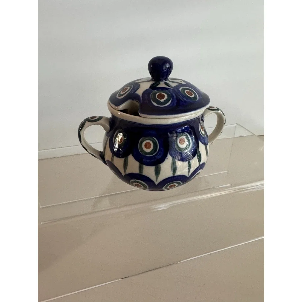 Polish Pottery Peacock Double Handle Sugar Bowl with Lid